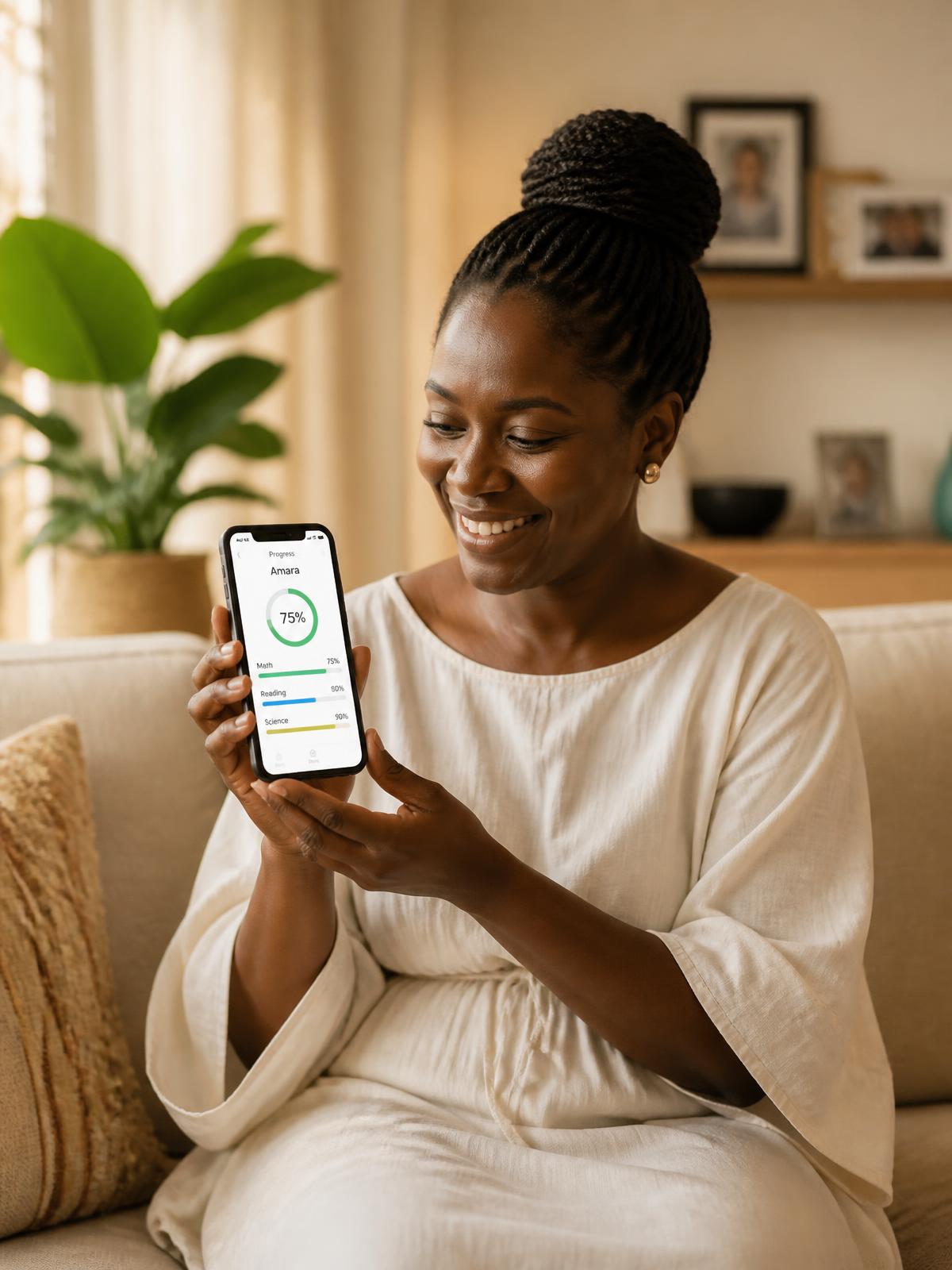 A Nigerian mother reviewing her child's weekly progress on the Farafina Parent Portal