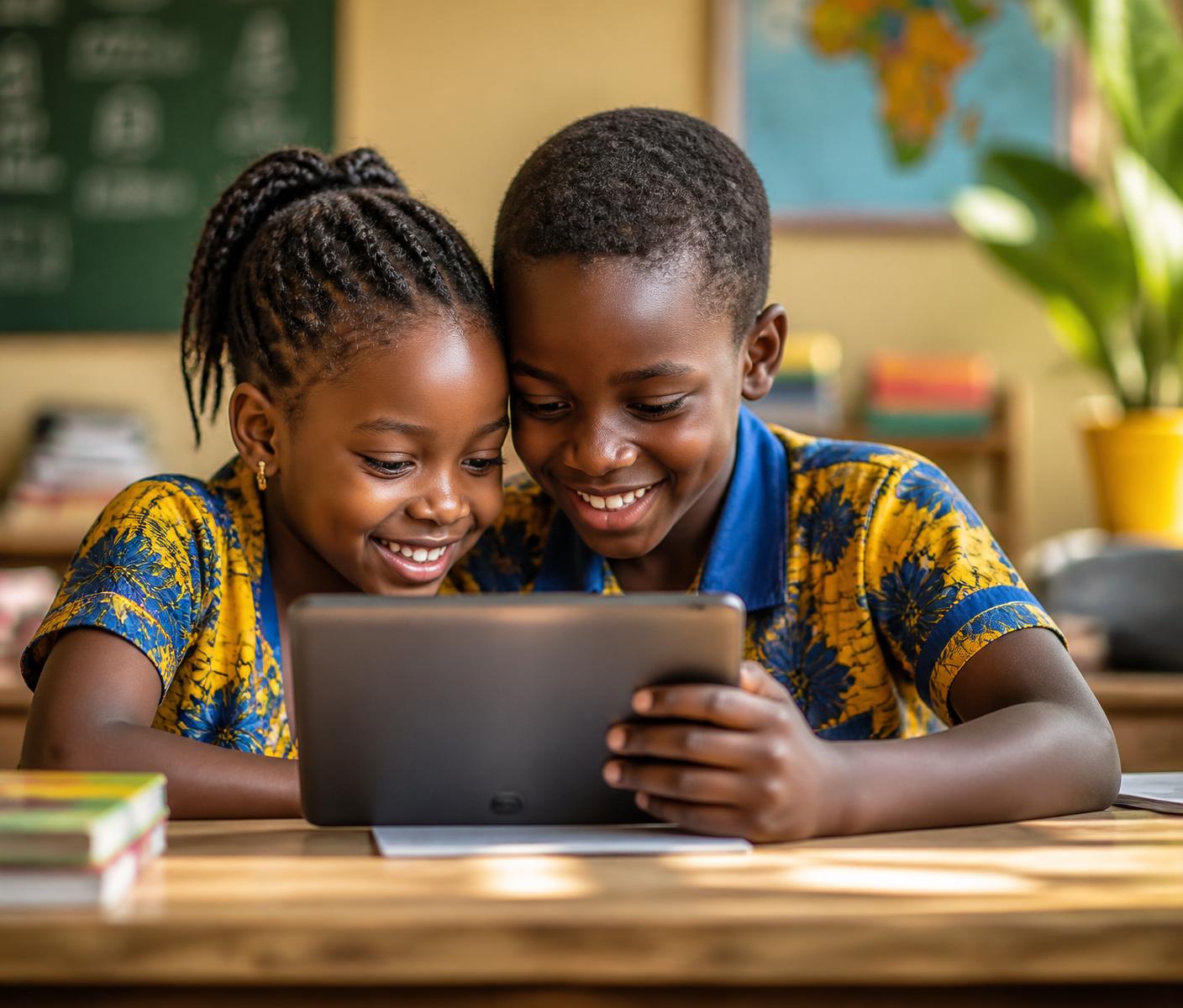 Two Nigerian primary pupils working through a lesson on a tablet